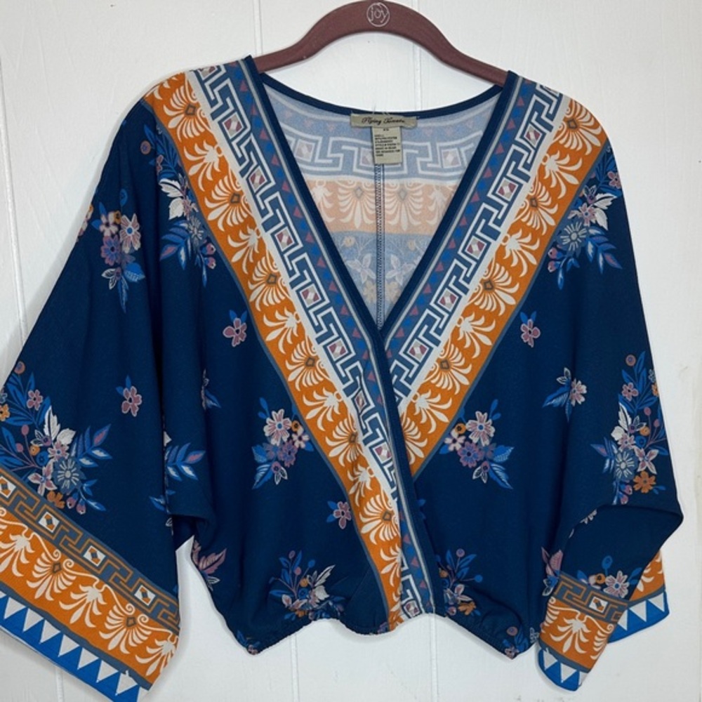 Flying Tomato Navy and Orange Patterned Blouse